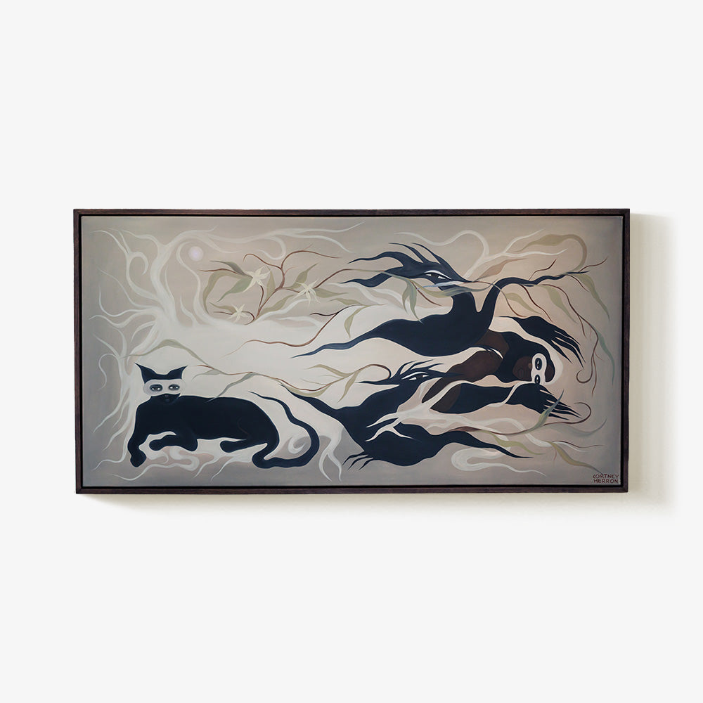 Front view of a framed painting with dark fluid abstract figures against a muted gray background