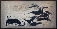 Wide rectangular painting depicting a black cat and shadowy silhouettes floating in a mist-filled scene