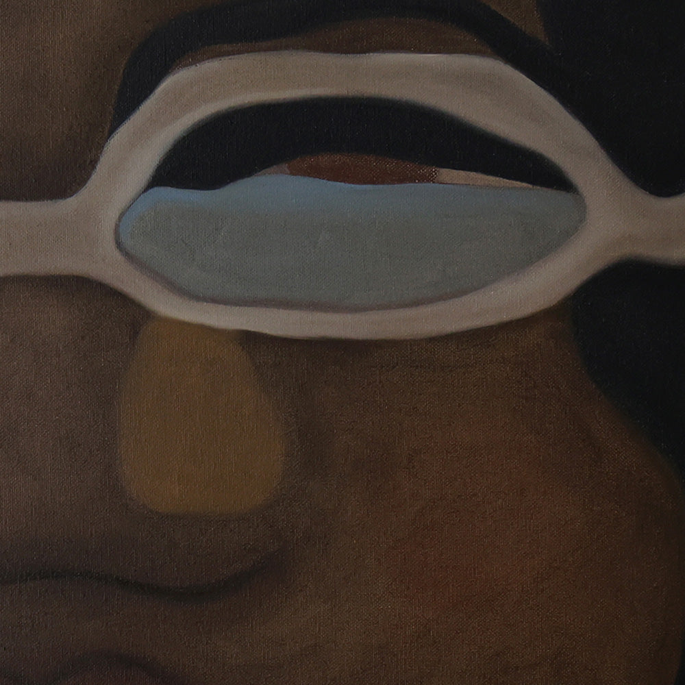 Close-up of a painted face wearing glasses rendered in abstract brown and grey tones on a canvas texture