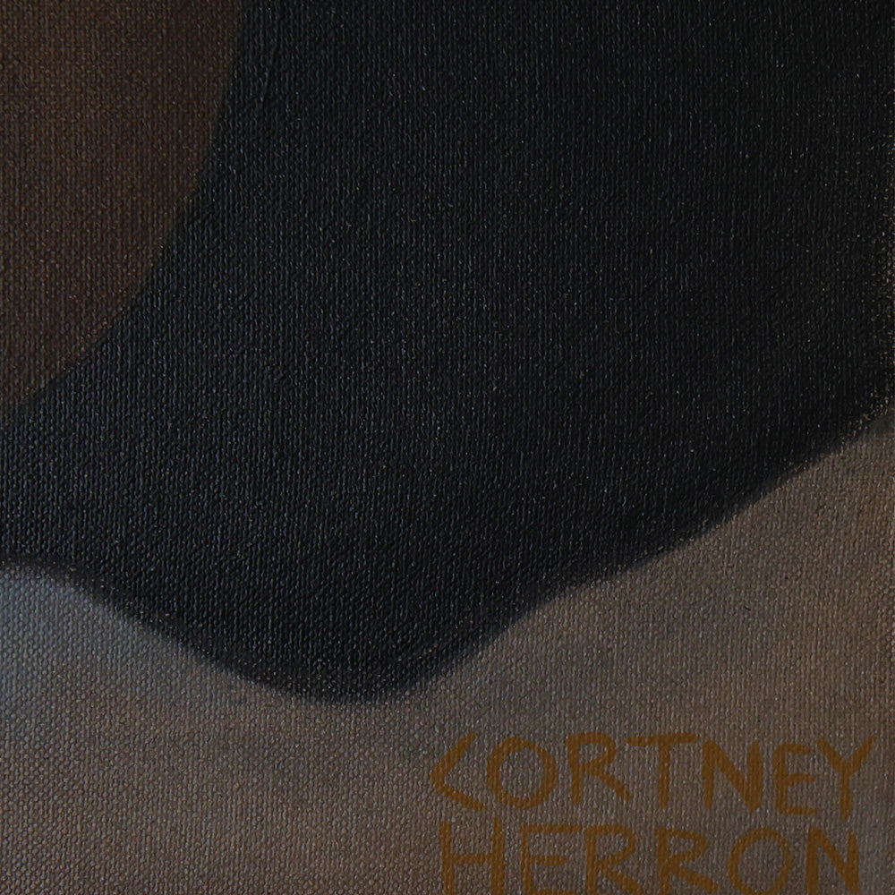 Abstract painting detail showing large dark curves against a tan background with the artist name in brown at the bottom