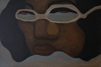 Close up painting of a face partially obscured by stylized glasses
