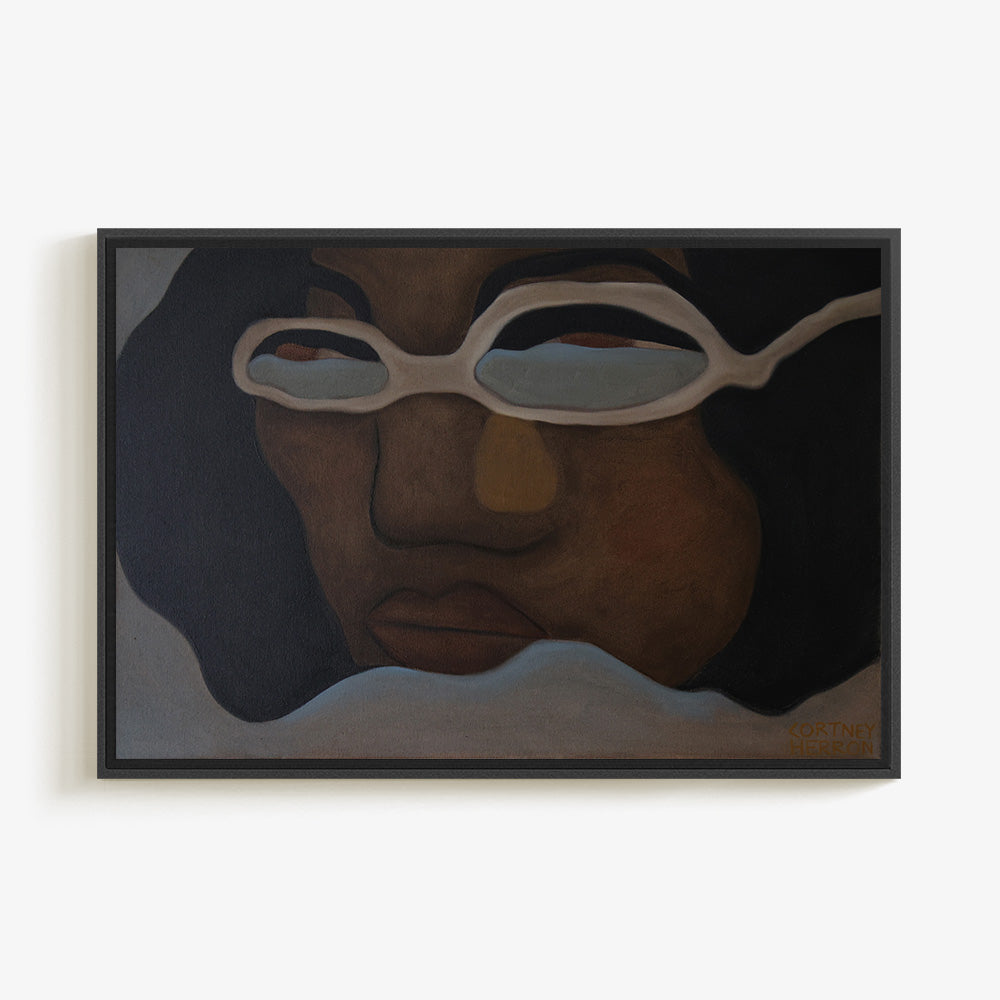 Painting of a person wearing glasses with a black frame