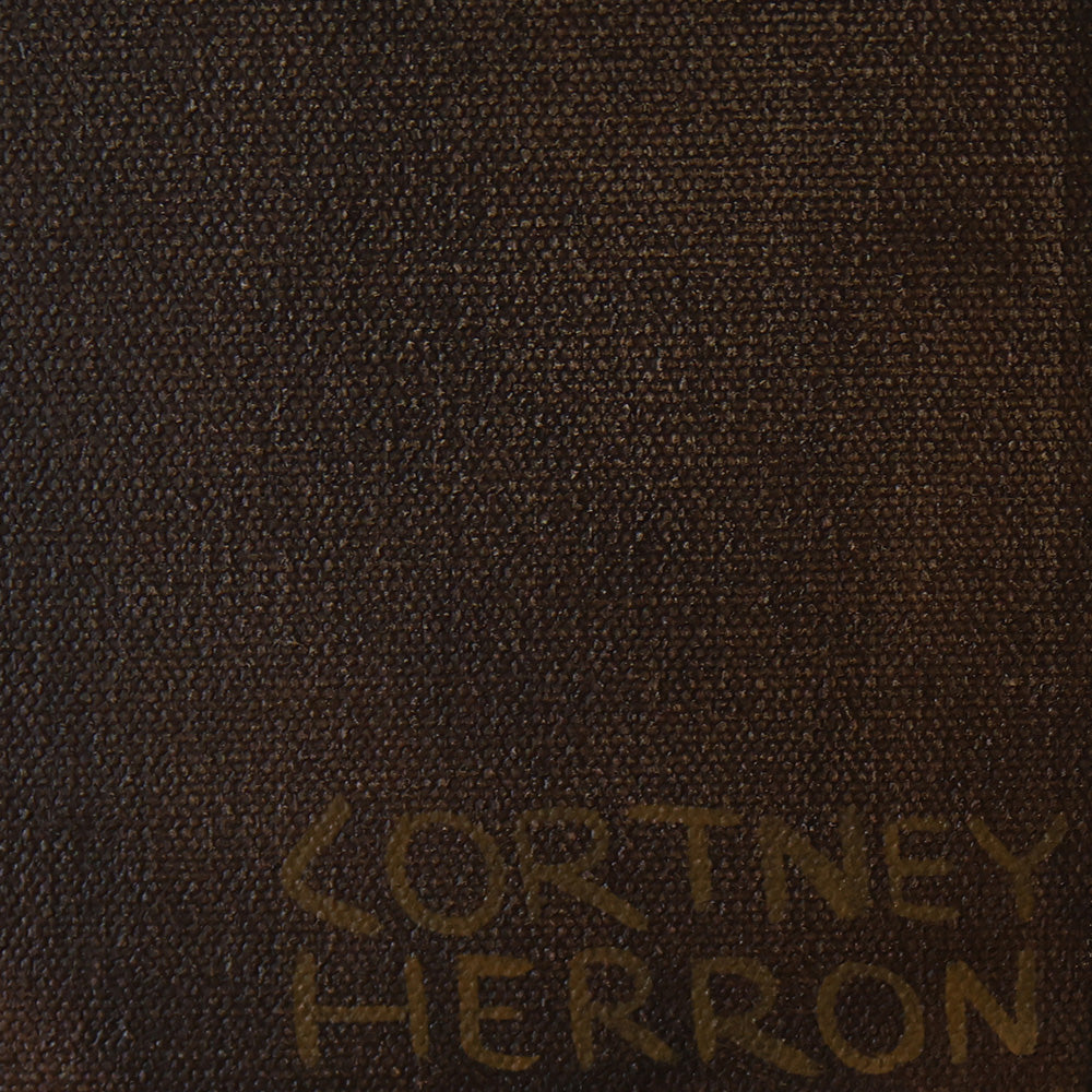 Texture detail of a dark brown painted canvas with the artist name signature visible at the bottom