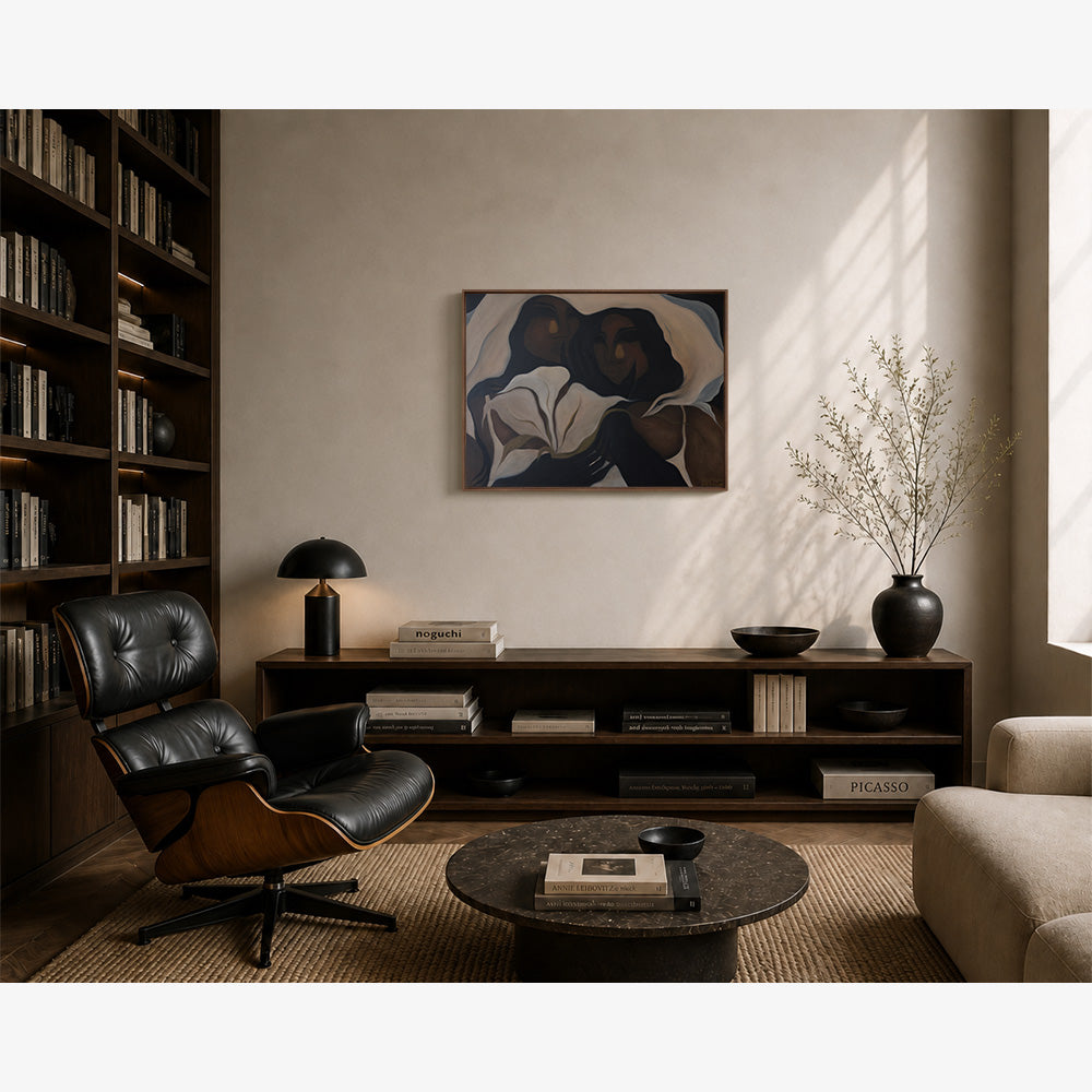 Contemporary figurative painting titled Watching Over Us featuring two figures in earthy tones displayed on a wall