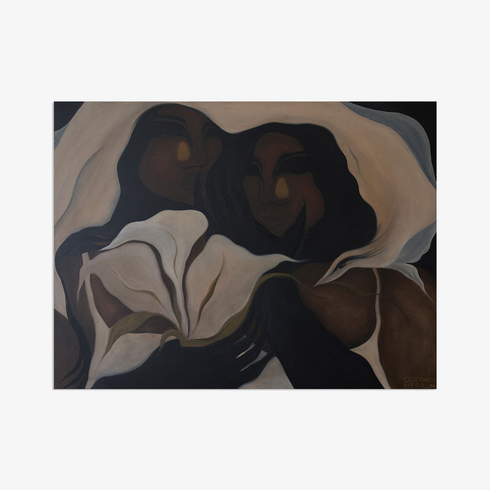 Figurative painting titled Watching Over Us in a black frame showing two figures in a warm abstract art style
