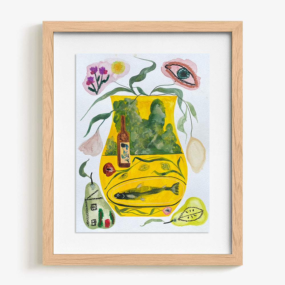 A light wood-framed watercolor painting featuring a yellow vase with wine bottle fish on a platter pears garlic and
